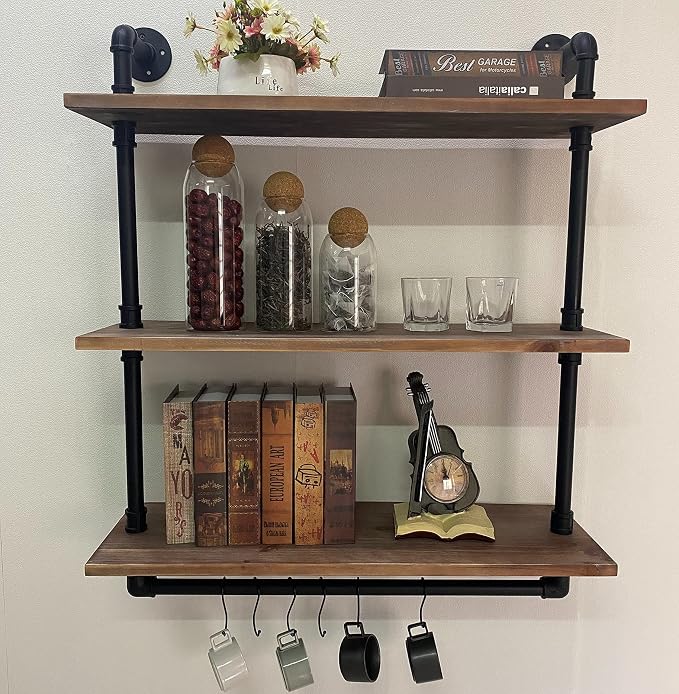 ROGMARS Industrial Floating Pipe Wall Shelves with Towel Rack 30 Inch | Industrial Pipe Shelving Rustic Coffee Bar Storage Wall Mounted Shelves For Living Room,Bathroom ,Kitchen,Laundry Room 3 Tier