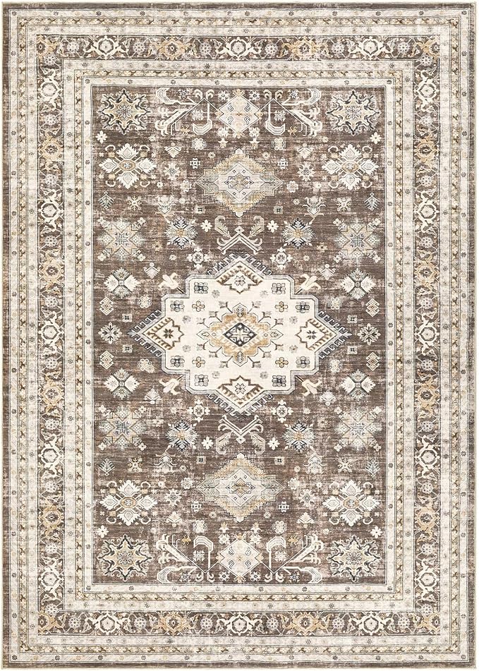 Vintage Living Room Area Rug 5x8 - Large Soft Washable Oriental Traditional Distressed Farmhouse Rugs for Bedroom - Indoor Floor Accent Carpet for Home Office House Decor - Dark Brown