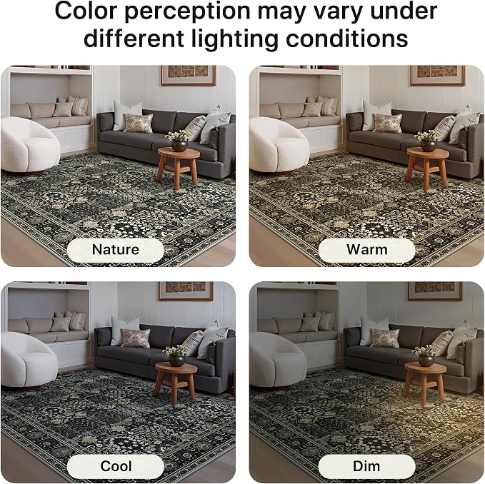 Bavni Washable Rugs 10x14 Machine Washable Rug Lightweight Low Pile, Vintage Floral Rug Non-Shedding Distressed Throw Carpet for Living Room Bedroom Office, Black
