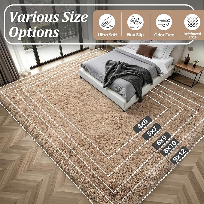 Fluffy 5x7 Area Rugs for Living Room Bedroom: Ultra Soft Shag Rug Non-Slip Non-Shedding Small Plush Bedside Rug Indoor Floor Carpets for Kids Room Playroom Entryway Nursery Dorms Home Decor Beige