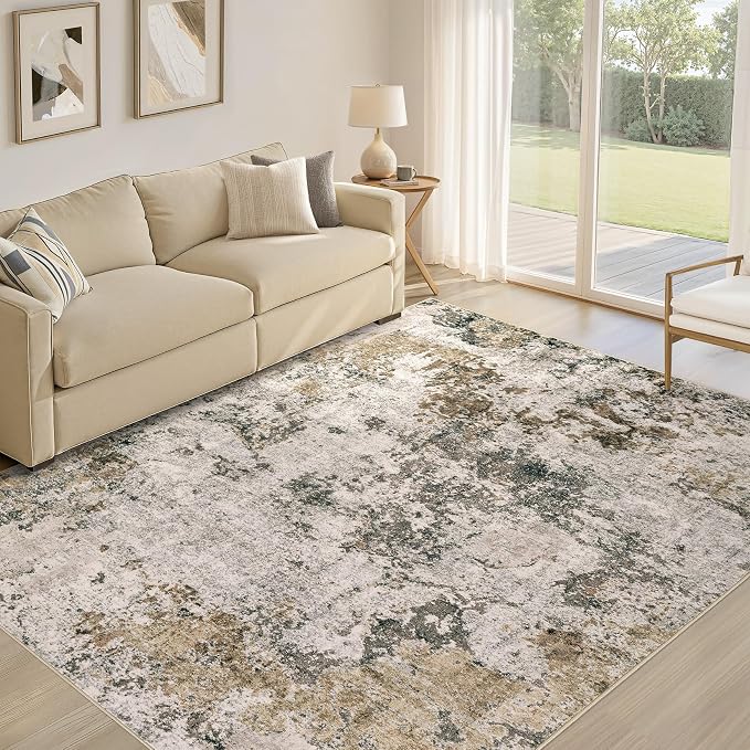 Area Rugs for Living Room: 7x9 Abstract Washable Rug Modern Neutral Large Soft Stain Resistant Non-Slip Backing Machine Table for Bedroom Dining Room Indoor Home Office Carpet - Dark Brown