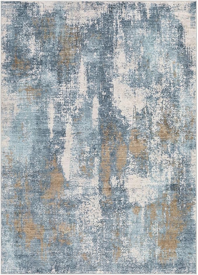 DMOYEST Area Rug Living Room Rugs - 9x12 Washable Large Soft Indoor Neutral Modern Abstract Low Pile Rug Carpet for Bedroom Dining Room Farmhouse Home Office - Blue Brown