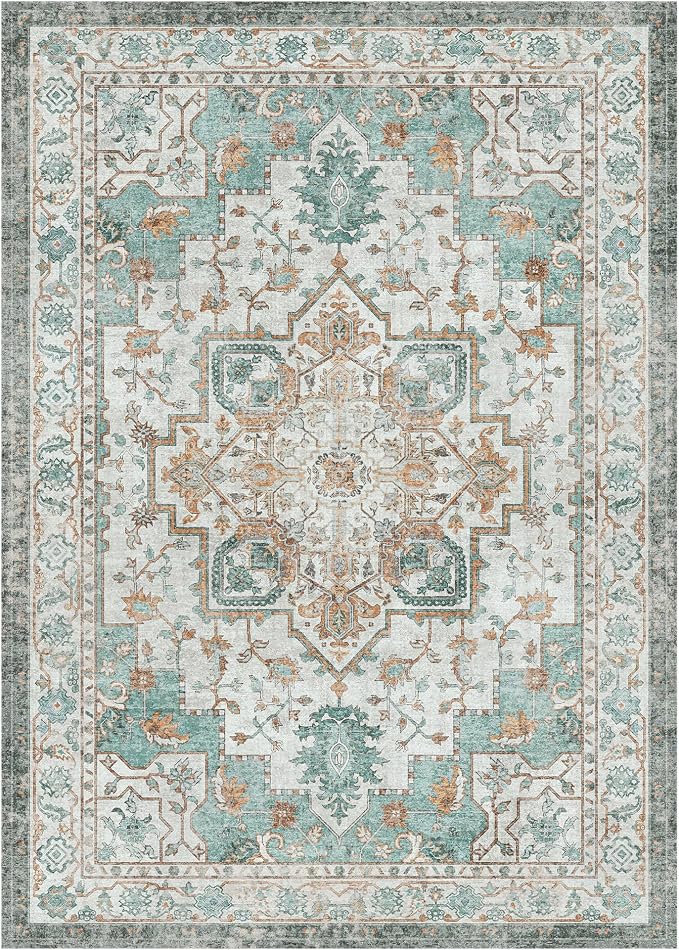 GENIMO 3x5 Area Rugs for Living Room, Machine Washable Non Slip Vintage Rugs, Low Pile Lightweight Print Rug for Bedroom, Dining Room, Home Office, Cyan