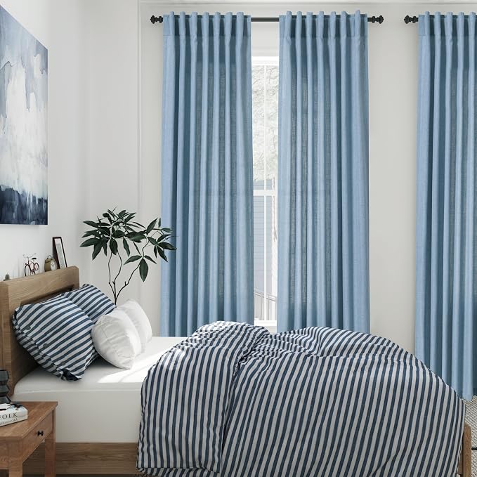 Nanspring Blue Semi Sheer Curtains 72 Inches Long 2 Panels Set for Bedroom Back Tab Rod Pocket Light Filtering Privacy Drapes Cotton Linen Textured Dusty Blue Farmhouse Living Room Curtain 52X72