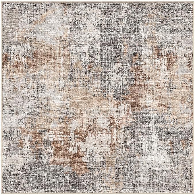DMOYEST Square Area Rug Living Room Rugs - 5x5 Washable Large Soft Indoor Neutral Modern Abstract Low Pile Rug Carpet for Bedroom Dining Room Farmhouse Home Office - Grey Brown