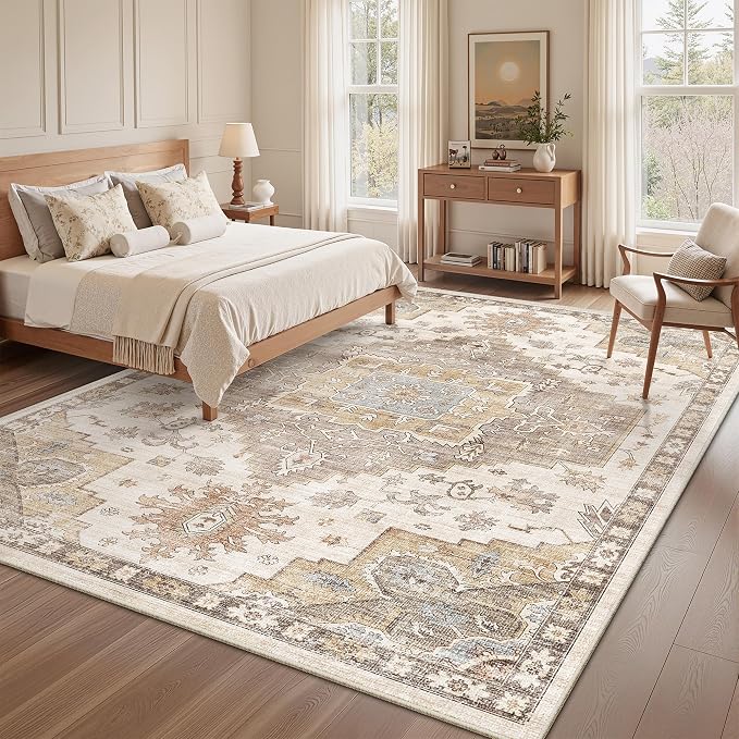befbee 6x9 Area Rugs for Living Room, Stain Resistant Neutral Washable Rugs for Dining Rooms, Floral Vintage Non-Slip Thin Large Size Area Rug(Brown)