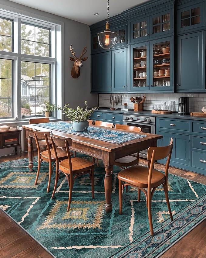 BESTSWEETIE Area Rug 3x5 Rug Machine Washable Non-Slip Low Pile Print Pattern Western Rug for Living Room Bedroom Entryway Tribal Series -Teal/Green