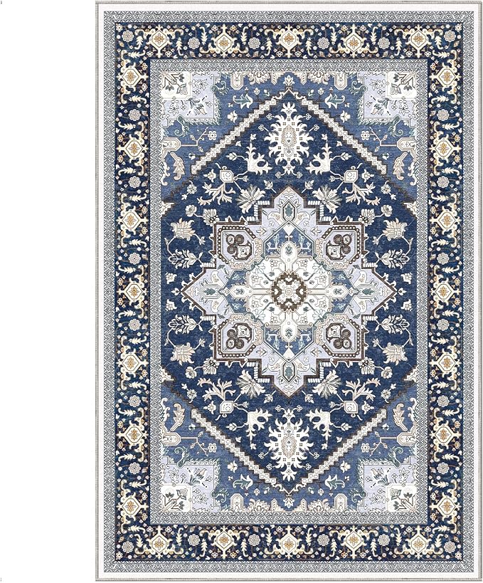 OPPODREAM Soft 6x9 Area Rugs, Washable Rug 6x9 with Non Slip Backing, Faux Cashmere Low-Pile 6 x 9 Carpet, Navy Blue & Gold