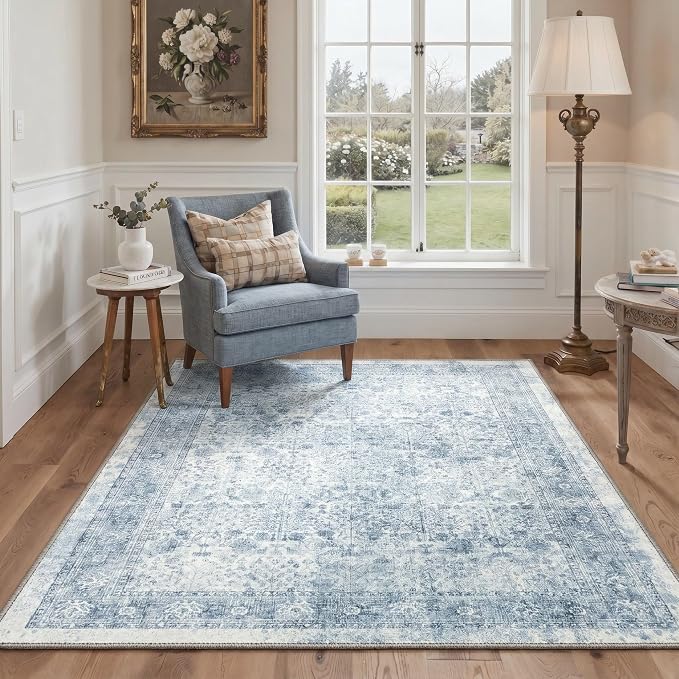 Bavni 2.6x7 Rug Runners for Hallways, Washable Runner Rug Non Slip,Vintage Floral Print Style Rugs for Bedroom-Lightweight Low Pile Carpet for Hallways Bathroom, Light Blue