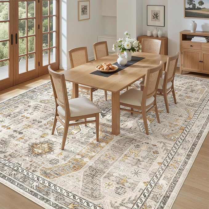 befbee Washable Rug 8x10 Area Rugs for Living Room - Stain Resistant Non-Slip Backing Rugs for Bedroom,Ultra-Thin Vintage Large Area Rug (Brown/Gold, 8'x10')