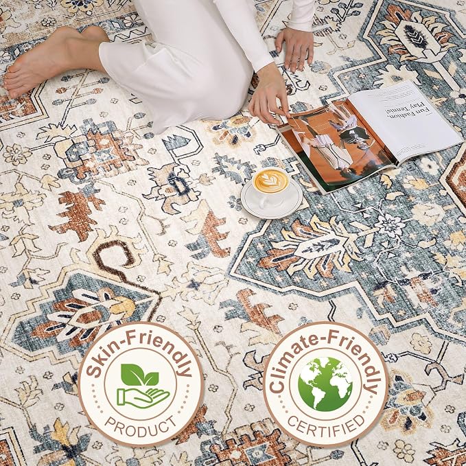 6x8 Area Rug Living Room: Washable Boho Large Neutral Vintage Soft Rugs Stain Resistant Distressed Farmhouse Non-Slip Indoor Floor Carpet for Bedroom Nursery Kids Office Dining Room- Beige Blue