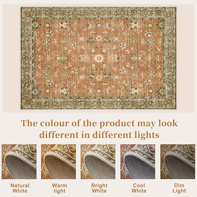 Tangsoo Vintage Round Rug 5ft Washable Circle Rug, Non Slip Boho Round Area Rug, Low Pile Floral Circular Rugs, Machine Washable Round Carpet for Bedroom,Living Room,Bedsides,Dorm,Office(Terracotta)
