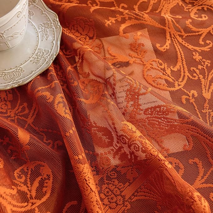TUDECO Orange Sheer Curtains 63 Inch Length - Bohomian Flower Bird Lace Rust Curtains for Bedroom Sunroom Cheerful Kintted Lightweight Privacy Ruffle Edges Fall Decor, 59 x 63 Inch, Burnt Orange