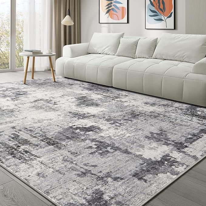 Abstract 12x14 Area Rug: Machine Washable Non Slip Ultra Thin Low-Pile Carpet, Soft Stain Resistant for Living Room Bedroom Office, Kid Pet Friendly, Robot Vacuum Compatible - Grey
