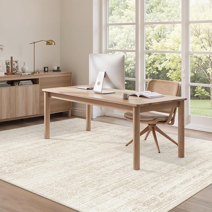 Soalmost 6x9 Area Rugs for Living Room, Washable Soft Rug Beige/Cream | Non-Slip Low Pile Natural Vintage Floral Rug Throw Carpet for Dining Room Bedroom Home Office Nursery 6'x9'