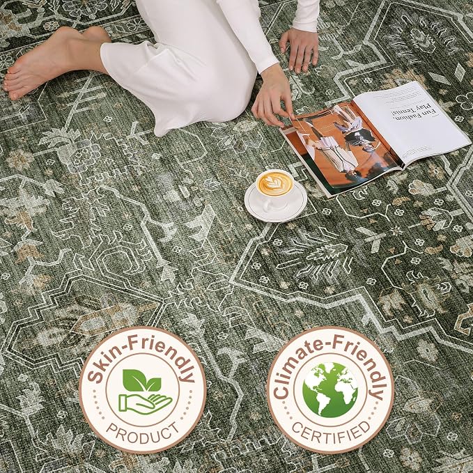 5x8 Area Rug Living Room: Washable Boho Large Neutral Vintage Soft Rugs Stain Resistant Farmhouse Non Slip Indoor Floor Carpet for Bedroom Nursery Kids Playroom Office Dining Room Home- Dark Green