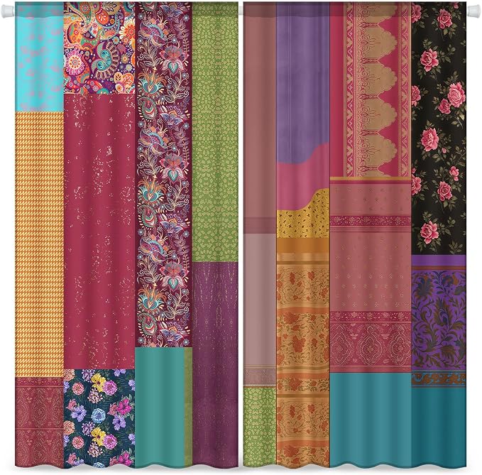 Oudain 2 Pairs Indian Old Silk Blend Sari Curtains 82 x 82 Inches Indian Imitation Patchwork Curtains Vintage Silk Blend Sari Multi Color Handmade Drapes Home Livingroom Bedroom Decor Curtain Panels