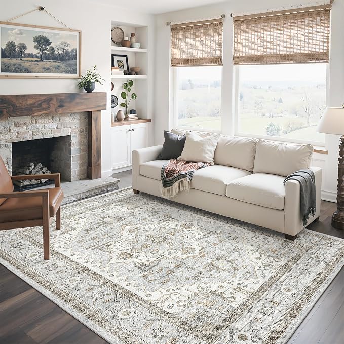 Area Rugs for Living Room - 6x9, Boho Non-Slip Low Pile Carpet Machine Washable Rugs for Bedroom, Farmhouse, Office, Dining Room (Light Blue&Beige)