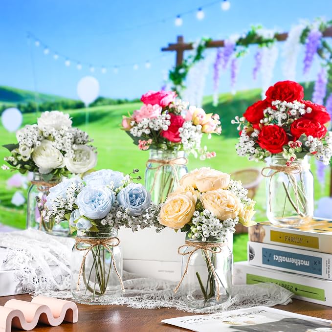 Zeyune 12 Sets Mason Jar Centerpiece Table Decorations, Artificial Peony Baby's Breath Flower Bouquets, Faux Flowers with Vase, Rustic Decor Gifts for Home, Wedding, Holiday (Blue)