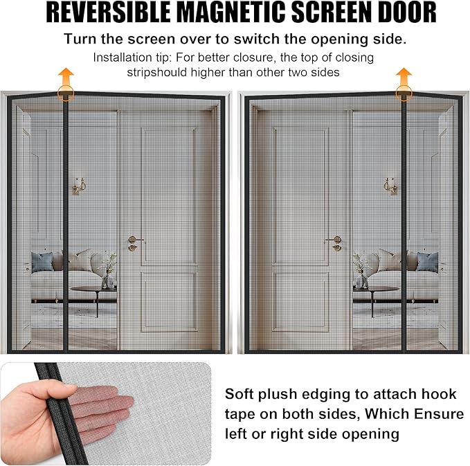 Magnetic Screen Door 32x 80 in, Thicker 265g/㎡ Mesh, Reversible Left Right Side Opening Wide Magnetic Screen Door, Upgraded-Model Full Strip Magnets for Sliding & French Doors
