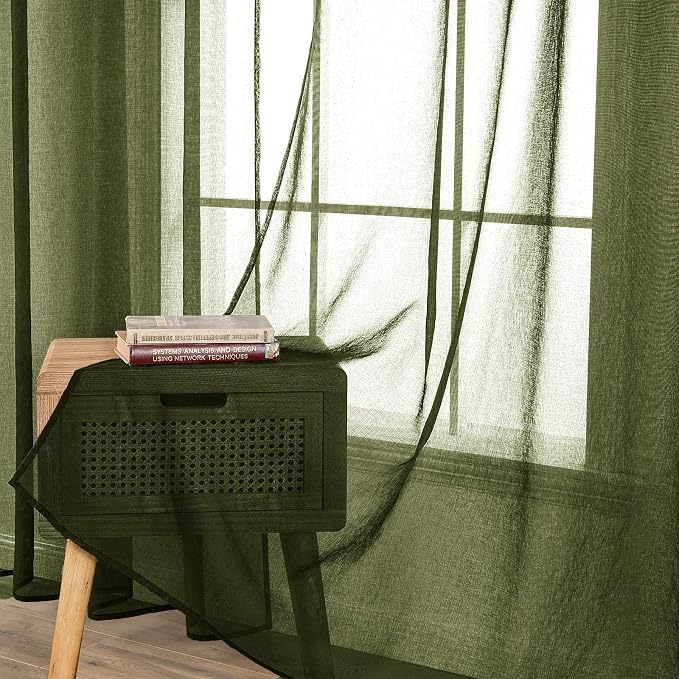 MIULEE 2 Panels Olive Green Semi Sheer Window Curtains Elegant Grommet Top Window Voile Drapes/Treatment Linen Textured Dark Green Panels for Bedroom Living Room (54X84 Inches)