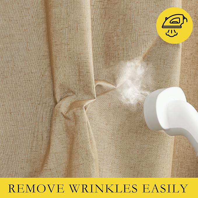 NICETOWN 100% Absolutely Blackout Linen Curtains with Thermal Insulated White Liner, Camel, W34 x L90, 2 Panels, Long Curtains 90 inch Length for Patio Door, Doorway, Office, Overnight Shiftworker