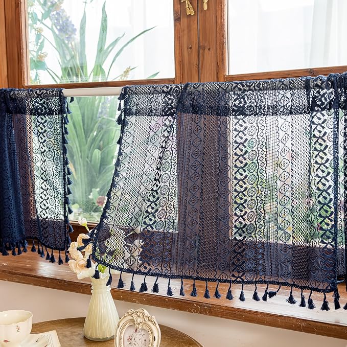 Sutuo Home Navy Blue Boho Curtains Valance 18 Inches Long for Kitchen Cafe, Sheer Lace Short Curtains Bohemian Crochet Privacy Macrame Vintage Tassels Cottagecore Closet Decor Rod Pocket,2 Panels 50"W
