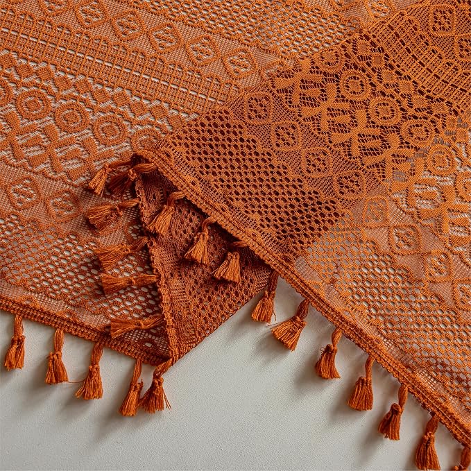 Sutuo Home Boho Lace Curtains 2 Panels for Living Room Bedroom, Orange Semi Sheer Curtains Privacy Vintage Chic Tassels Bohemian Style French Country Rod Pocket Halloween Decor, 50" x 90" Terracotta