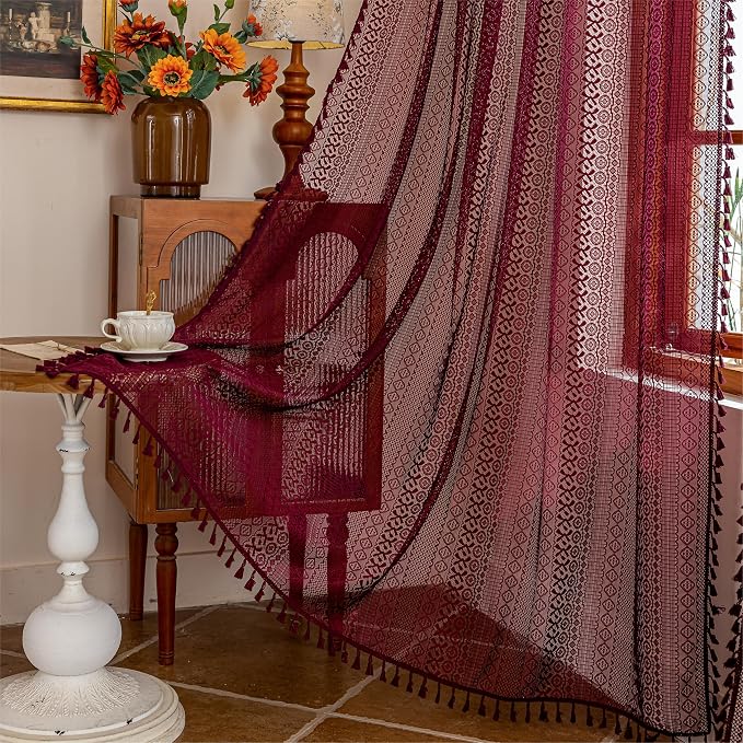 Sutuo Home Boho Curtains 2 Panels for Kitchen Bedroom, Red Lace Curtains Semi Sheer Crochet Vintage Country Tassels Bohemian Drape Privacy Window Treatments Rustic Decor Rod Pocket, 50" x 63" Burgundy