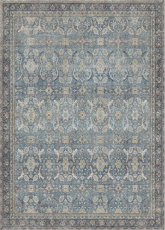 GENIMO 8x10 Area Rugs for Living Room, Machine Washable Non Slip Vintage Rugs, Low Pile Lightweight Chenille Print Rug for Bedroom, Dining Room, Home Office, Vintage Blue
