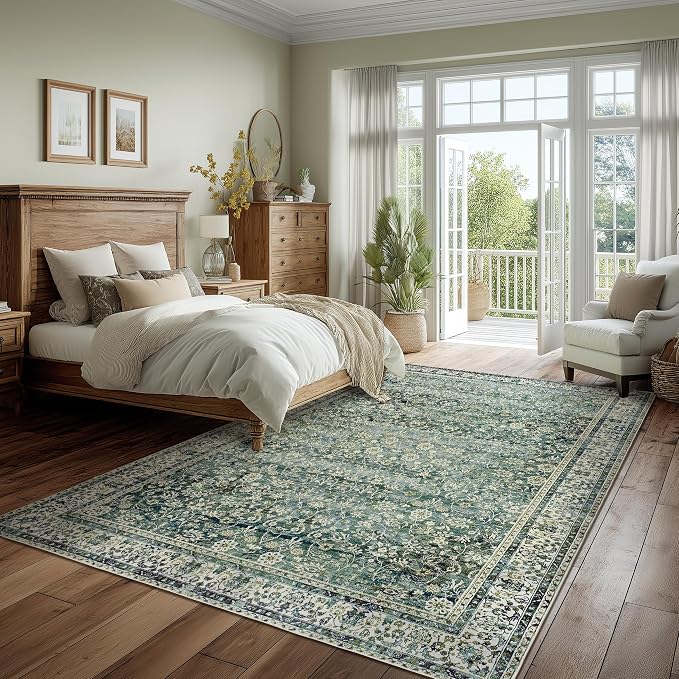 BILEEHOME Blue and Green 6x9 Area Rugs for Bedroom Low Pile Soft Moody Floral Rug with Non Slip Washable Boho Vintage Oriental Indoor Carpet for Living Room Dining Room,Hunter Forest Green/Teal