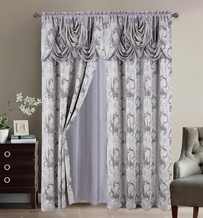 GLORY RUGS Jacquard Luxury 2 Curtain Panel Set with Attached Valance and Backing Bedroom Living Room Dining 54X84 inches Silver Gray