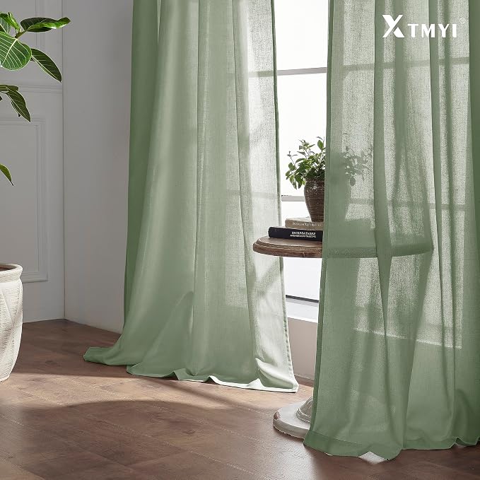 XTMYI Country Curtains for Living Room,Sheer Linen Curtains for Bedroom 90 Inches Long,70 Inches Wide Sage Green
