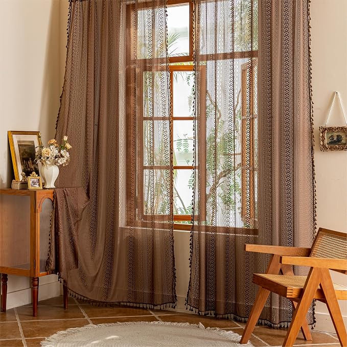 Sutuo Home Dark Coffee Boho Lace Curtains 108 inches Long for Bedroom Living Room, Caramel Sheer Window Curtains Bohemian Crochet Privacy Vintage Tassels Cottagecore Decor Rod Pocket,2 Panels 50" W