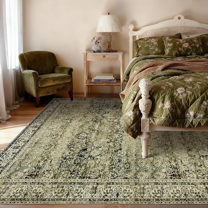 Large Boho Area Rugs 8x10 for Living Room,Low Pile Stain Resistant Neutral Vintage Distressed Style Machine Washable Rugs Carpet for Bedroom Dining Room,Olive Green and Cream