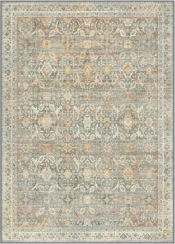 GENIMO 9x12 Area Rugs for Living Room, Machine Washable Non Slip Vintage Rugs, Low Pile Lightweight Chenille Print Rug for Bedroom, Dining Room, Home Office, Turmeric
