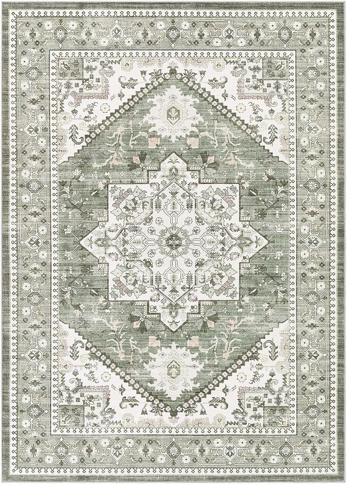 5x8 Vintage Area Rug: Washable Neutral Soft Non Slip Thin Large Floor Carpet for Living Room Bedroom Kitchen Dining Room Home Office Farmhouse Indoor - Green