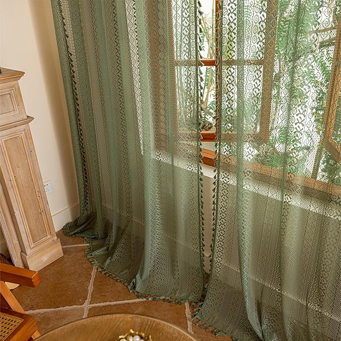 Sutuo Home Boho Sheer Curtains 63 Inch Length for Nursery Bedroom, Lace Curtains Crochet Vintage Country Tassels Bohemian Privacy Window Treatment Xmas Decor Rod Pocket, 2 Panels 50" W,Olive Green