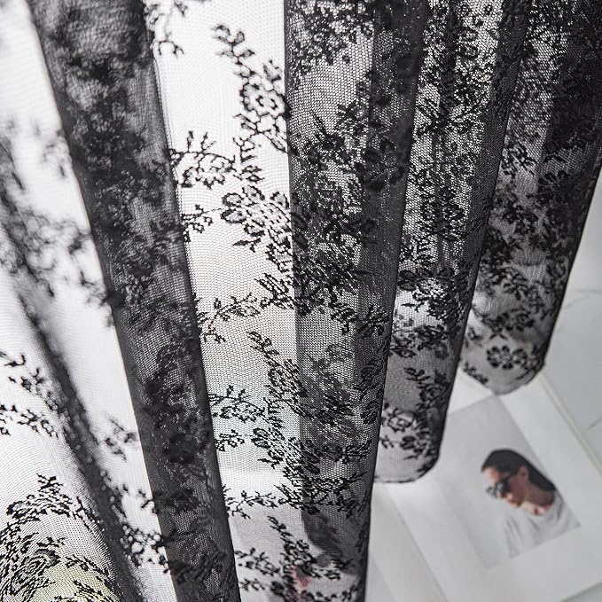Sutuo Home Black Lace Curtains 96 Inches Long 2 Panels Set, Sheer Panels Gothic Retro Florals Vintage Voile Window Treatment for Bedroom/Living Room/Halloween Decor Rod Pocket W57 x L96