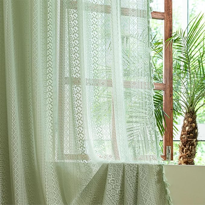 Sutuo Home Boho Curtains for Bedroom Dining Room, Bohemian Crochet Lace Hollow Knitted Handmade Tassels Vintage Rustic Window Treatment Farmhouse Drapes, 1 Panel Rod Pocket 59" W x 96" L, Mint Green