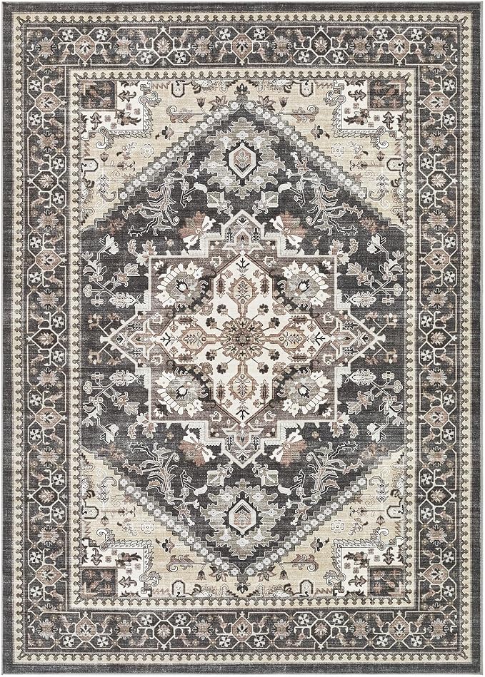 5x7 Vintage Area Rug: Washable Neutral Soft Non Slip Thin Large Floor Carpet for Living Room Bedroom Kitchen Dining Room Home Office Farmhouse Indoor - Black