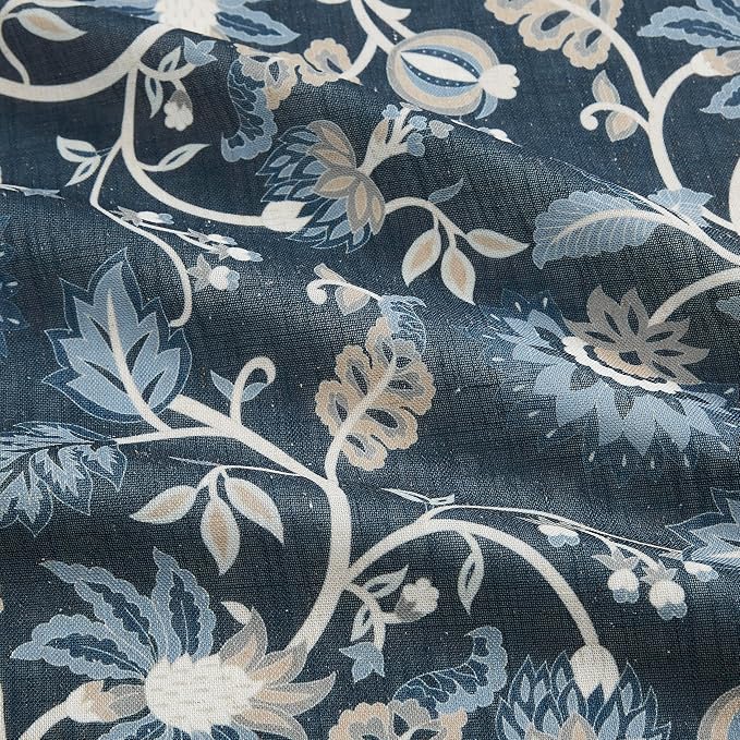 Vision Home Navy Blue Floral Pinch Pleat Light Filtering Curtains, Linen Pleated Lined Drapes Back Tab Hooks for Living Room Bedroom, Vine Botanical Jacobean Print Panels 40x95 Inch Set of 2