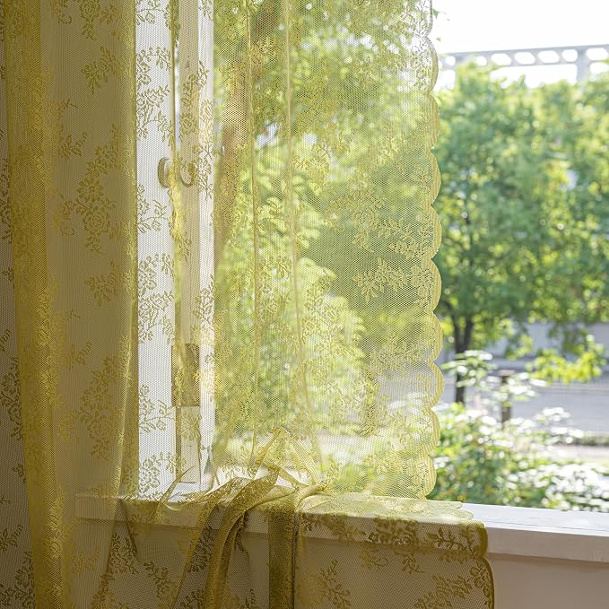 Sutuo Home Sage Green Lace Curtains for Bedroom Living Room 96 Inches Long 2 Panels, Boho Sheer Rose Floral Embroidery Ruffled Vintage Window Treatment Pair Xmas Decor, Rod Pocket, W57 x L96