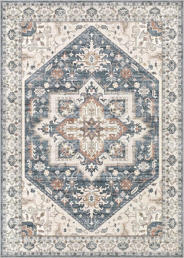 9x12 Area Rugs for Living Room - Large Carpet Ultra Thin Soft Washable Oriental Vintage Floral Distressed Rug Big Indoor Carpets for Bedroom Nursery Dorm Home Decor Aesthetic - Vintage Blue