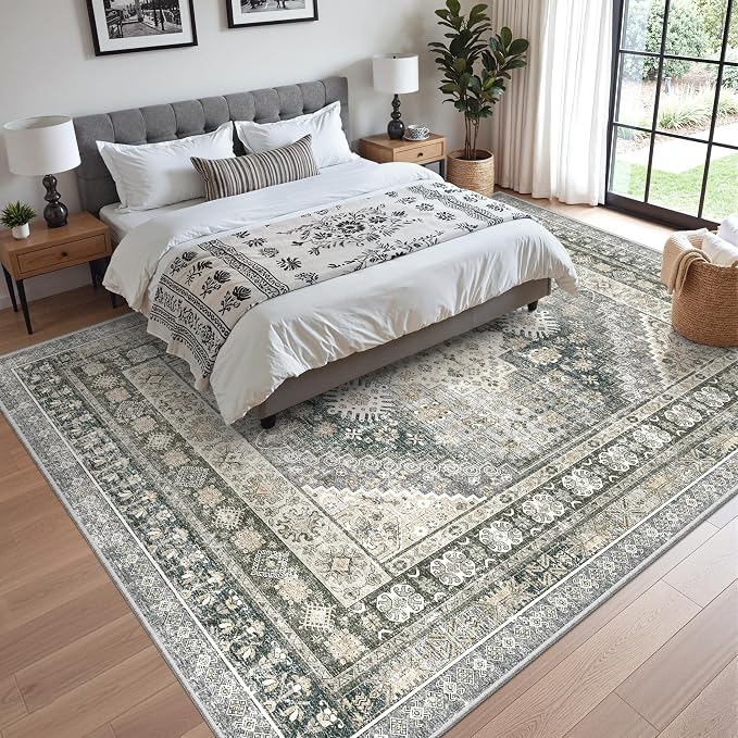 zesthome 8x10 Area Rugs for Living Room,Non-Slip Backing Washable Rugs,Vintage Large Area Rug,Stain Resistant Home Decor Rug (Wheat/Charcoal,8'x10')