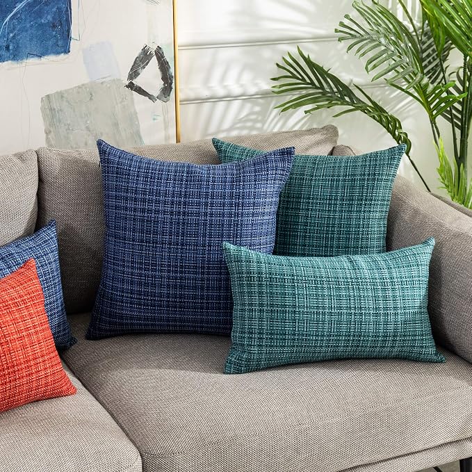 Kevin Textile Outdoor Waterproof Throw Pillow Covers 12x24 Inch Pack of 2 Woven Faux Linen Farmhouse Decorative Water Resistant Lumbar Cushion Covers for Tent Patio Garden Couch Sofa Navy Blue