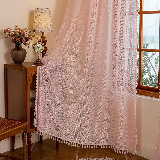 Sutuo Home Boho Lace Curtains for Girls' Room Nursery, Bohemian Vintage Chic Crochet Farmhouse Semi Sheer Geometry Fringes Window Treatment Cottage Drapes, Rod Pocket 1 Panel 59" W x 63" L Light Pink