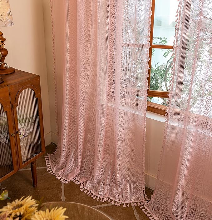 Sutuo Home Boho Curtains 2 Panels for Nursery Kid's Room,Sheer Lace Curtains Crochet Vintage Chic Tassels Farmhouse Bohemian Drape Privacy Window Treatments Rustic Rod Pocket, 50" x 63" Light Pink