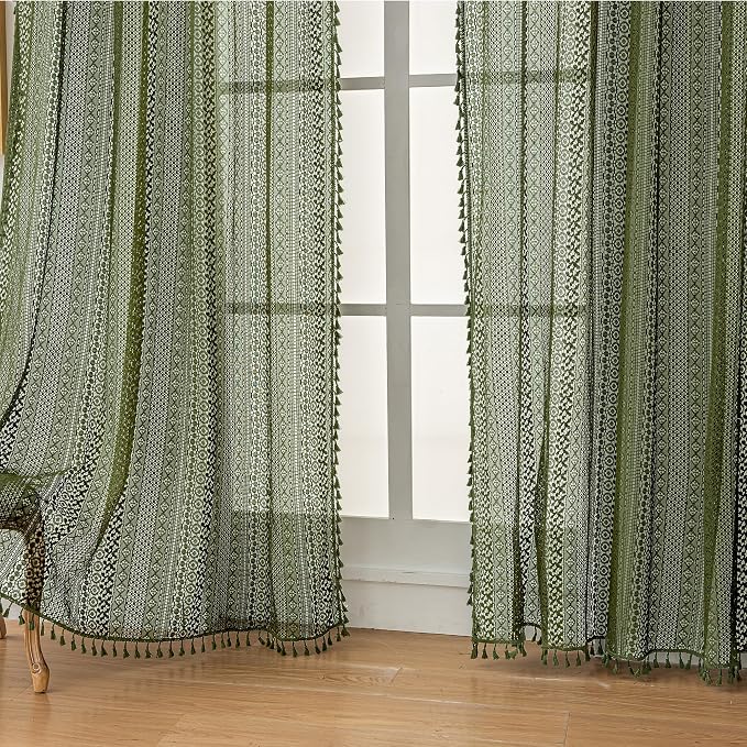 WAZZIO Boho Lace Curtains 84 Inches 2 Panel,Light Filtering Privacy Tassel & Geometry Crochet Semi Sheer Curtain Drapes for Bedroom Living Dining Room,Rod Pocket & Tassel,Olive Green