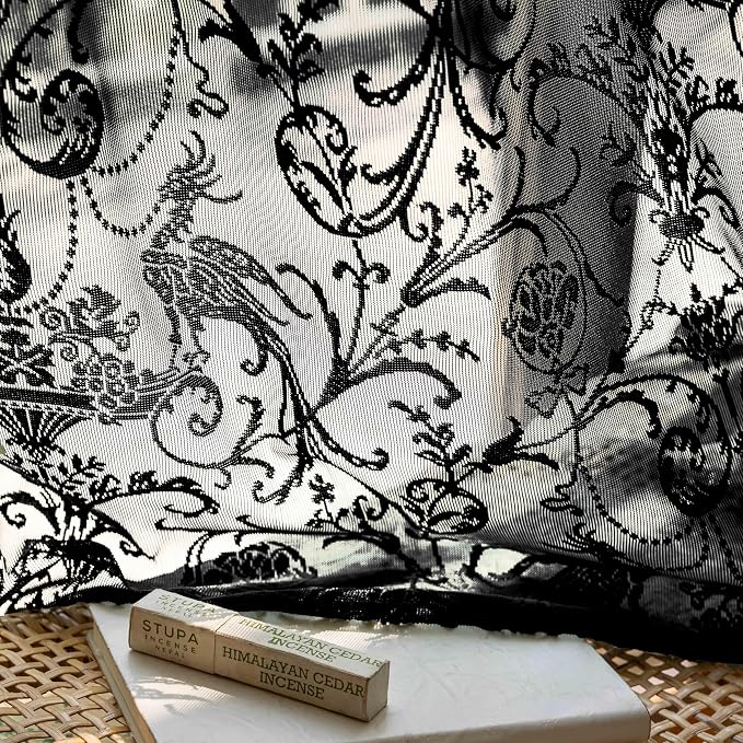 TUDECO Black Sheer Curtains 84 Inches Long - Shabby Chic Knitted Floral Lace Curtains Privacy Goth/Witchy Dark Window Treatments for Living Room Rod Pocket French Decor 1 Pair, 59 x 84 Inch